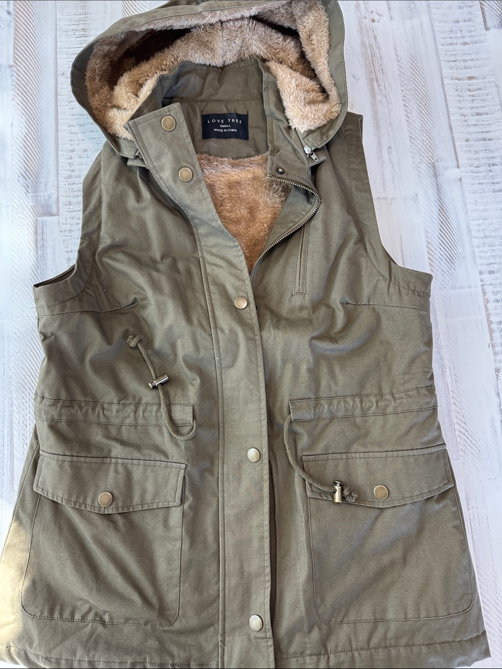 Love Tree Olive Utility Hooded Faux-Fur Lined Vest